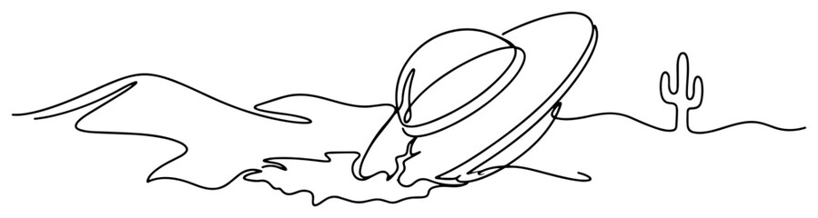 Crashed flying saucer in desert landscape with cactus in continuous line art style © Wuszu