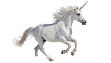 Isolated majestic white unicorn galloping powerfully with flowing mane and tail, mythical creature © Vincent