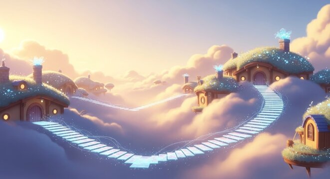 Paysage nuageux f&eacute;erique avec des maisons et un sentier illumin&eacute;s par la lumi&egrave;re du soleil