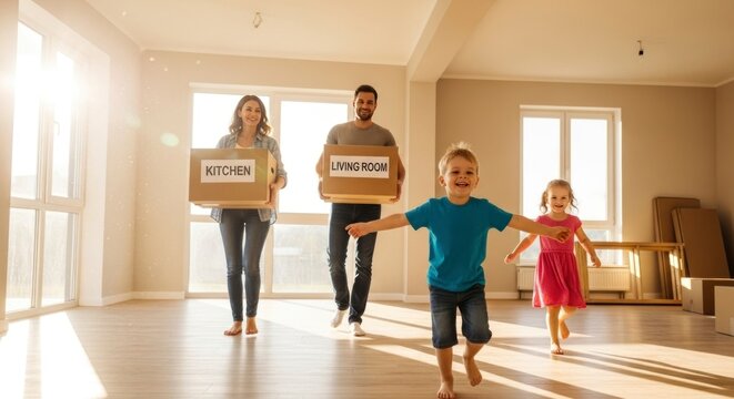 Une famille emm&eacute;nage dans une nouvelle maison avec des bo&icirc;tes en carton et des enfants joyeux dans la lumi&egrave;re
