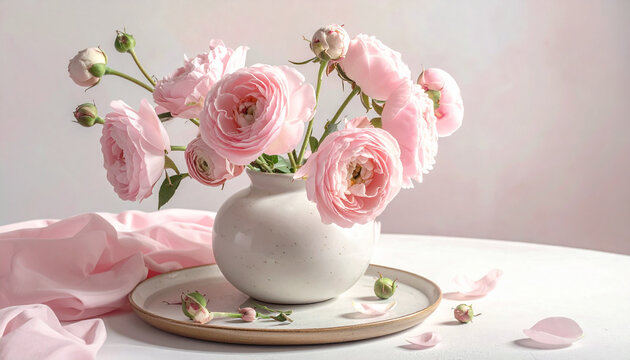fleurs de renoncule roses dans un vase blanc