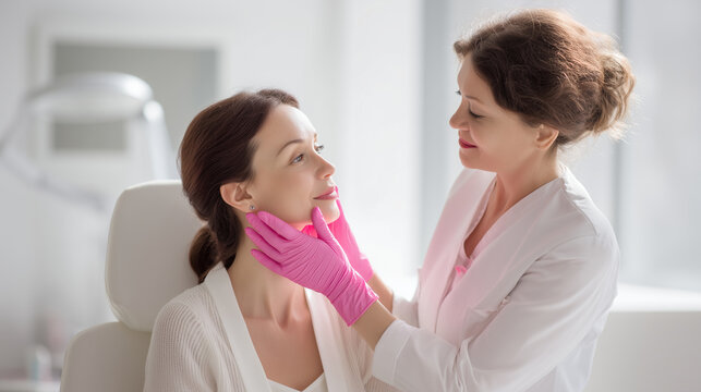 Cosmetologist examining woman&acirc;s face with pink medical gloves in bright beauty clinic, aesthetic treatment consultation, skincare analysis, dermatology, facial care and professiona