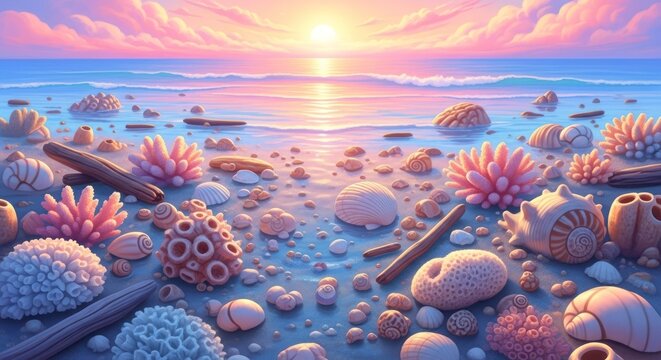 Sc&egrave;ne c&ocirc;ti&egrave;re avec coquillages et coraux au coucher du soleil sous un ciel pastel