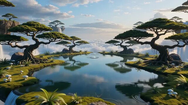 Fantasy flying islands with waterfalls and trees
