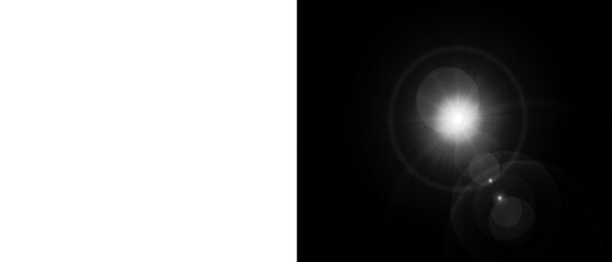 Optical lens flare light effect on black background, bright sun burst with circular halo, cinematic white glow for photo editing and design © MuftiMeftaur