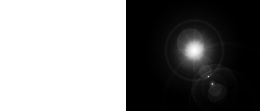 Optical lens flare light effect on black background, bright sun burst with circular halo, cinematic white glow for photo editing and design