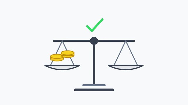 A balanced scale with gold coins on one side and empty plate on the other with a green checkmark