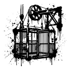 Mining elevator cage with industrial pulley system and ink splatters © Wuszu