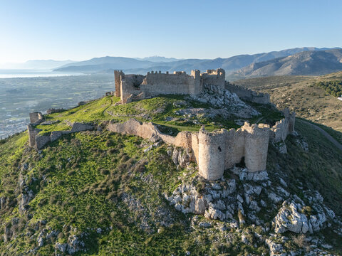 Aerial drone view of Larisa Castle in Argos, Peloponnese, Greece at sunrise