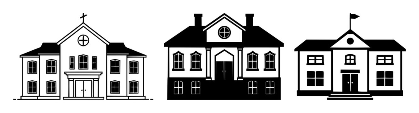 School building icon set with solid black icon against white background featuring school building, symbol, logo with education and architecture