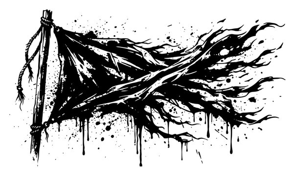 Tattered ragged flag on wooden pole with ink splatters in dramatic grunge style