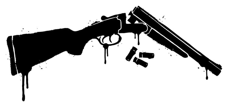 Double barrel shotgun open with falling shells in grunge splatter silhouette style