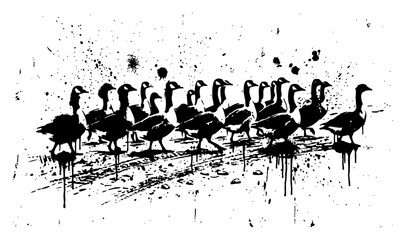 Row of geese standing in a line in grunge ink splatter style © Wuszu