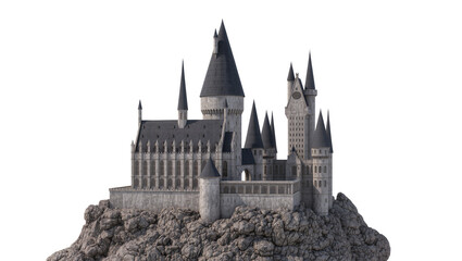Obraz premium Isolated magnificent fantasy castle with numerous dark spires and ancient gothic stone architecture.