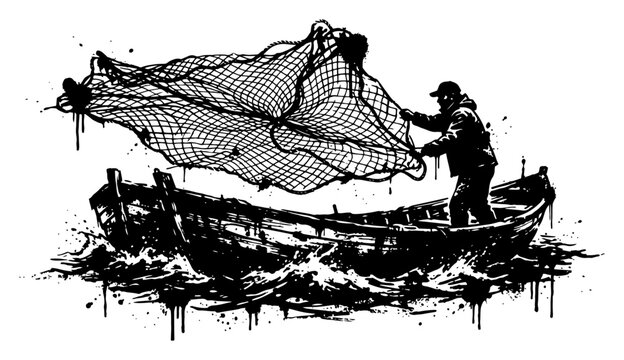 Fisherman in rowboat pulling large fishing net on water in grunge style