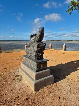 Bintan Island; March 11, 2025 - Rat zodiac statue carved beautifully, symbolizing intelligence and adaptability.