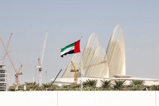UAE flag in front of Zayed National Museum in Abu Dhabi, UAE