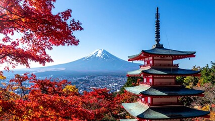 Fototapeta premium 秋の彩り - 紅葉に包まれる五重塔と富士山の絶景