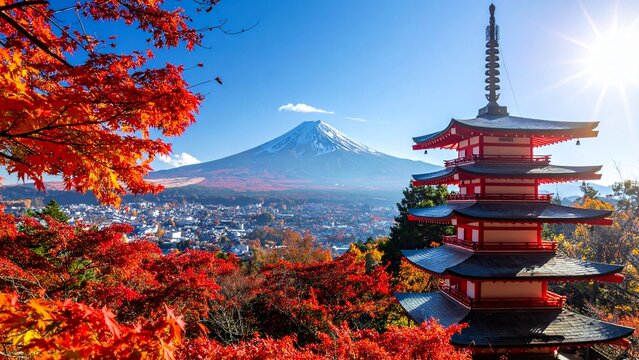 秋の彩り - 紅葉に包まれる五重塔と富士山の絶景
Autumn Splendor - Chureito Pagoda with Mt. Fuji and Vibrant Maple Leaves