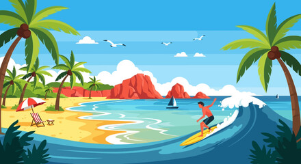 Obraz premium Surfer Riding Wave at Tropical Beach with Palm Trees and Sunny Sky
