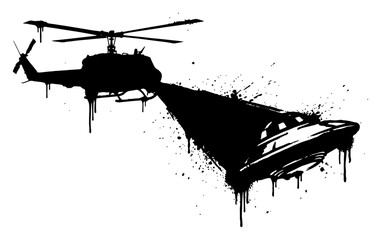Military helicopter chasing flying saucer UFO with searchlight in dripping paint graffiti style © Wuszu