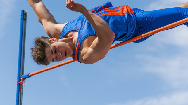 Dynamic High Jumper Defying Gravity Mid-Leap at Track and Field Event, Radiating Focus and Determination