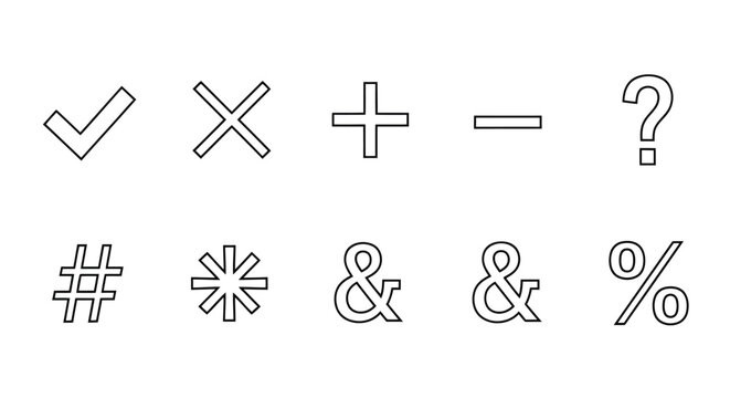 Collection of Mathematical and Punctuation Symbols in Outline Style on White Background Keywords: check mark, cross mark, plus sign, minus sign, question mark