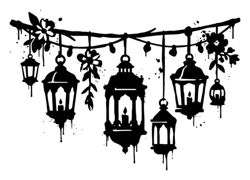 Hanging lanterns and flowers on a branch in black silhouette stencil style