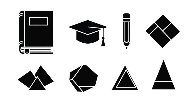 Black Silhouettes of Educational and Geometric Symbols on a White Background Keywords: book, graduation cap, pencil, geometric shapes, triangle, pentagon, square
