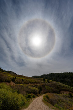 Brilliant sun halo above Main Elk Creek Road in White River National Forest in Garfield County, Colorado on sunny spring morning.
