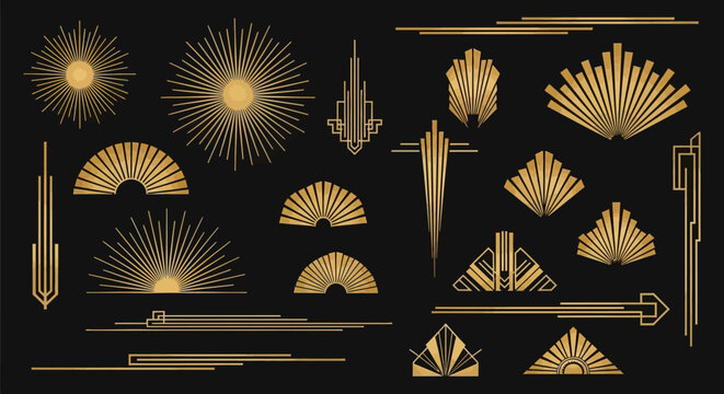 Art Deco Gold Ornaments on Black Background. Decorative Elements.