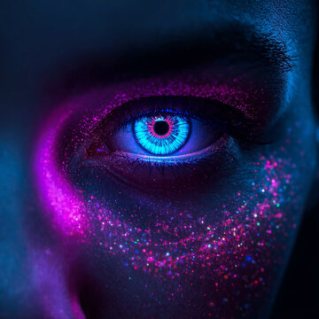 Futuristic Neon Eye Close-up with Glowing Cyan Iris and Pink Glitter Makeup, Cyberpunk Galactic Macro Art