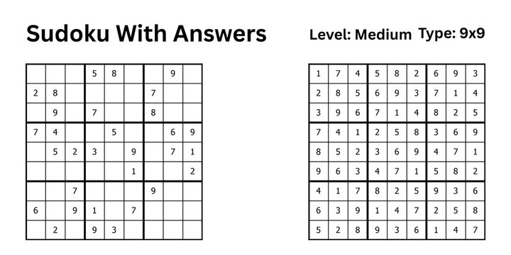 Sudoku With Answers Level Medium Type 9x9 best for brain memory for botth kids and adults