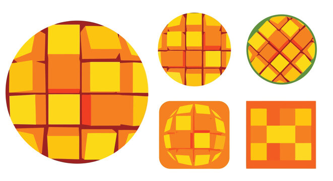 Abstract geometric patterns of mango fruit in various shapes and colors Keywords: mango icon, fruit icon, tropical fruit icon, food icon, pattern icon, geometric