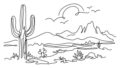 Desert landscape with cacti and mountains in minimalist line art style © Wuszu