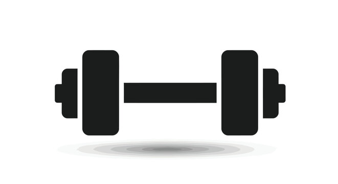 Black silhouette of a dumbbell with a shadow on a white background Keywords: dumbbell, weight, fitness, exercise, gym, workout, strength, training, muscle