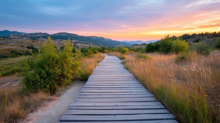 Obraz premium Scenic Boardwalk Pathway Through Grassy Landscape at Sunset with Vibrant Sky and Rolling Hills Capturing the Beauty of Nature in Tranquil Setting