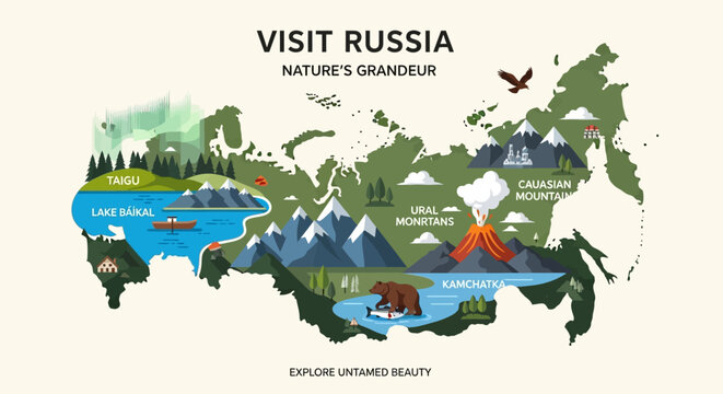 Russia Map Infographic: Nature Icons, Landmarks, Travel & Tourism