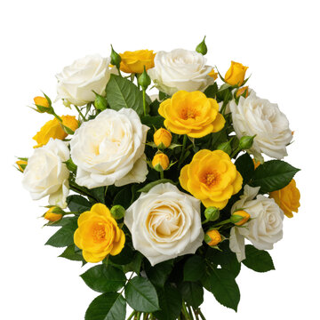 Lush bouquet of white and yellow roses with emerald leaves and green buds against a transparent background in a sophisticated romantic elegance atmosphere
