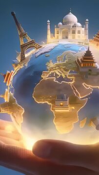 Vertical video: Tilting hand rotating illuminated globe in deep blue backdrop, showcasing landmarks