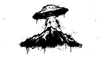 UFO flying saucer with light beam over mountain in stencil graffiti style © Wuszu