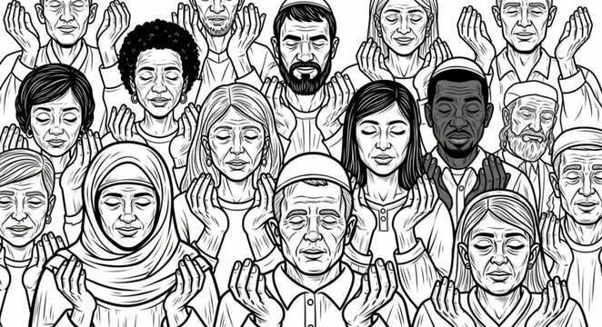Diverse group of people praying with eyes closed and hands raised.