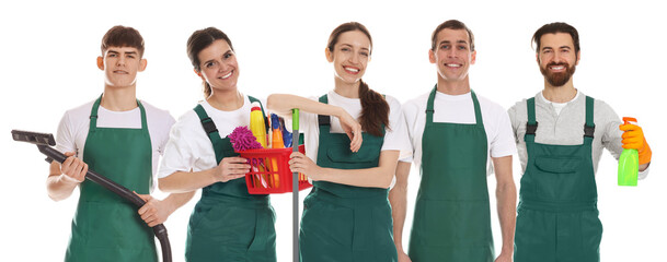 Fototapeta premium Group of cleaning service workers on white background