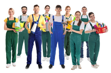 Fototapeta premium Group of cleaning service workers on white background