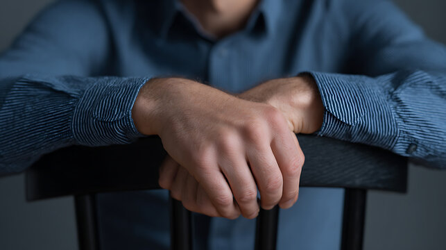 Close-up of a person's hands clasped and resting on the back of a dark chair, wearing a blue striped button-up shirt, evoking a thoughtful mood