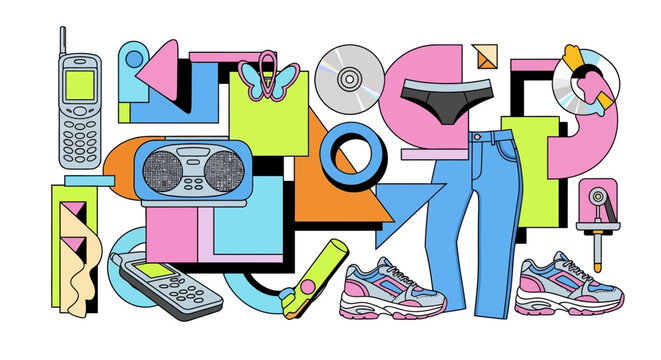Retro Pop Culture Collage: 90s Vibes, Gadgets, Fashion, and Music
