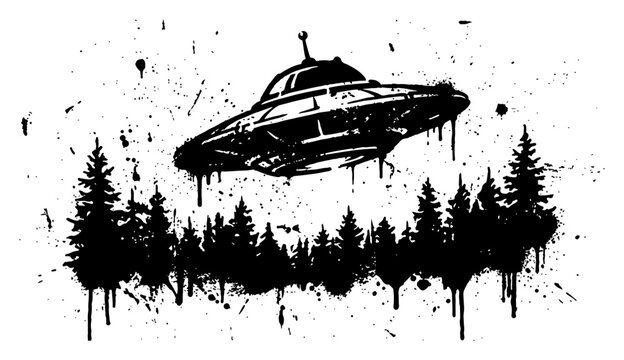 UFO flying saucer over pine forest trees in dripping ink and grunge splatter style