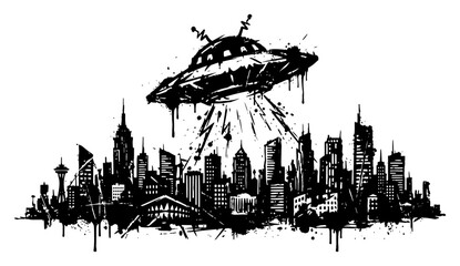 UFO hovering over city skyline in black and white ink splatter stencil style © Wuszu