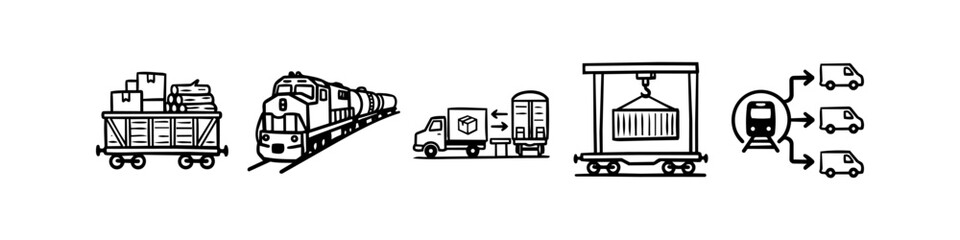 Set of hand-drawn railway logistics icons featuring freight wagons, locomotive, truck cargo transfer, container crane, and last-mile distribution. Simple black and white line art illustrations. © Trends