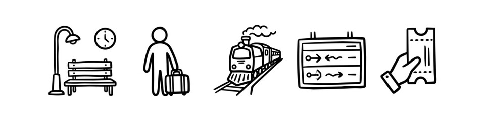 Hand-drawn icon set illustrating the journey by train, featuring a station bench, a traveler with bags, a steam locomotive, a departures timetable board, and a hand holding a ticket. © Trends